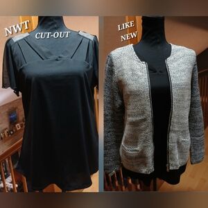 Women's | Lot of 2 Pc. | Black Flutter S/S Blouse and Grey Zipper Sweater